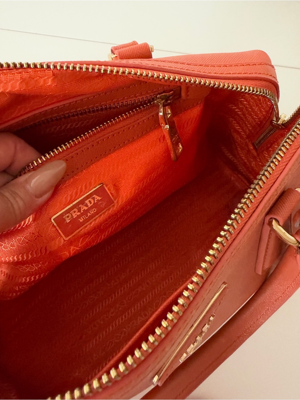 Prada Saffiano Lux Bowler Bag Papaya Orange Leather Top Handle Satchel - Picture 12 of 15